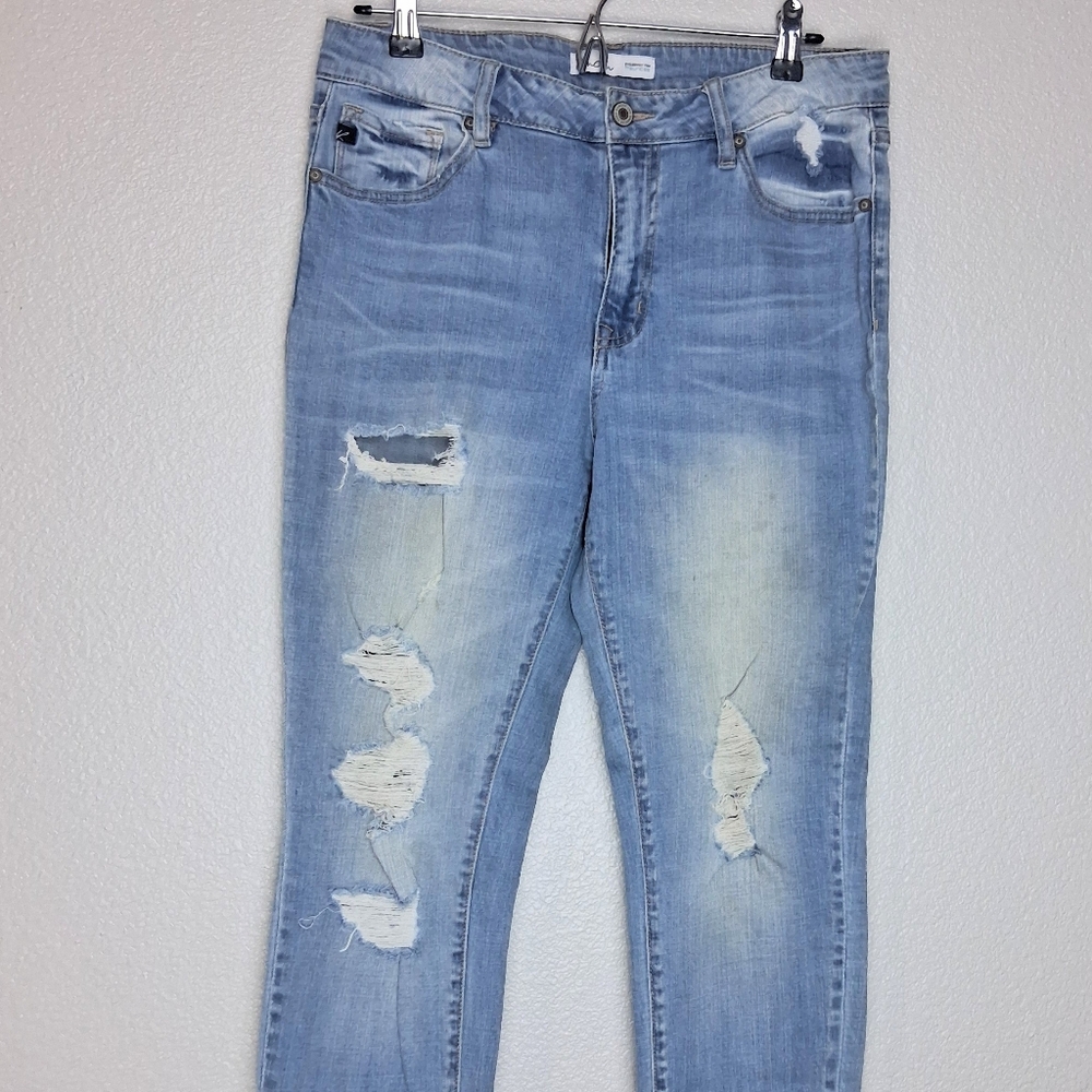 Kancan Light Wash Womens Distrsessed Detail Fringe Skinny Leg Size 30